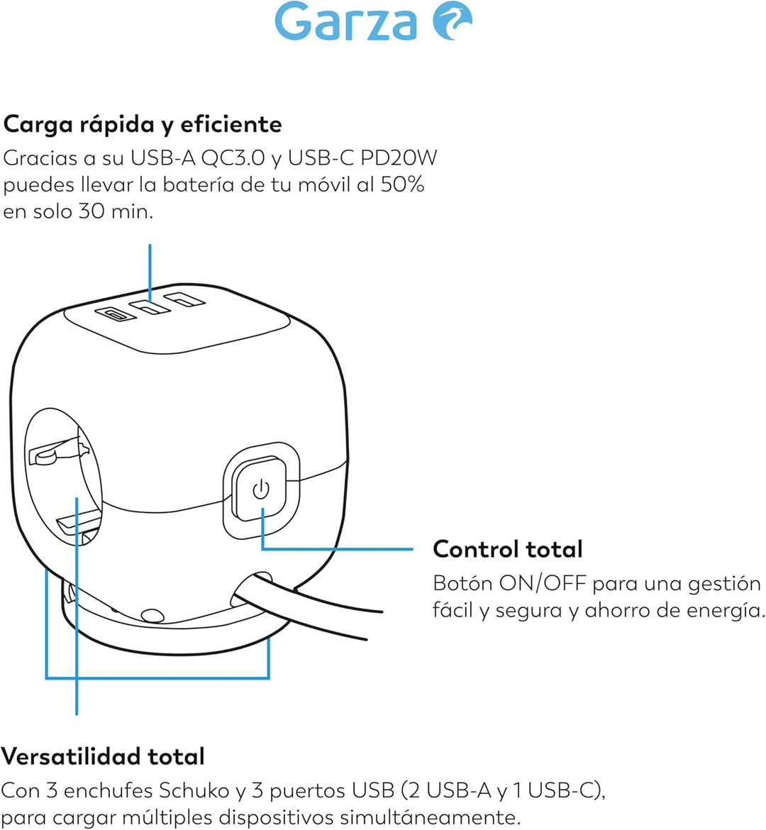 6-in-1-Steckdosenleiste CUBO mit 3 Schuko-Steckdosen, 2 USB-A- und 1 USB-C-PD20W-Anschluss, Schnelll