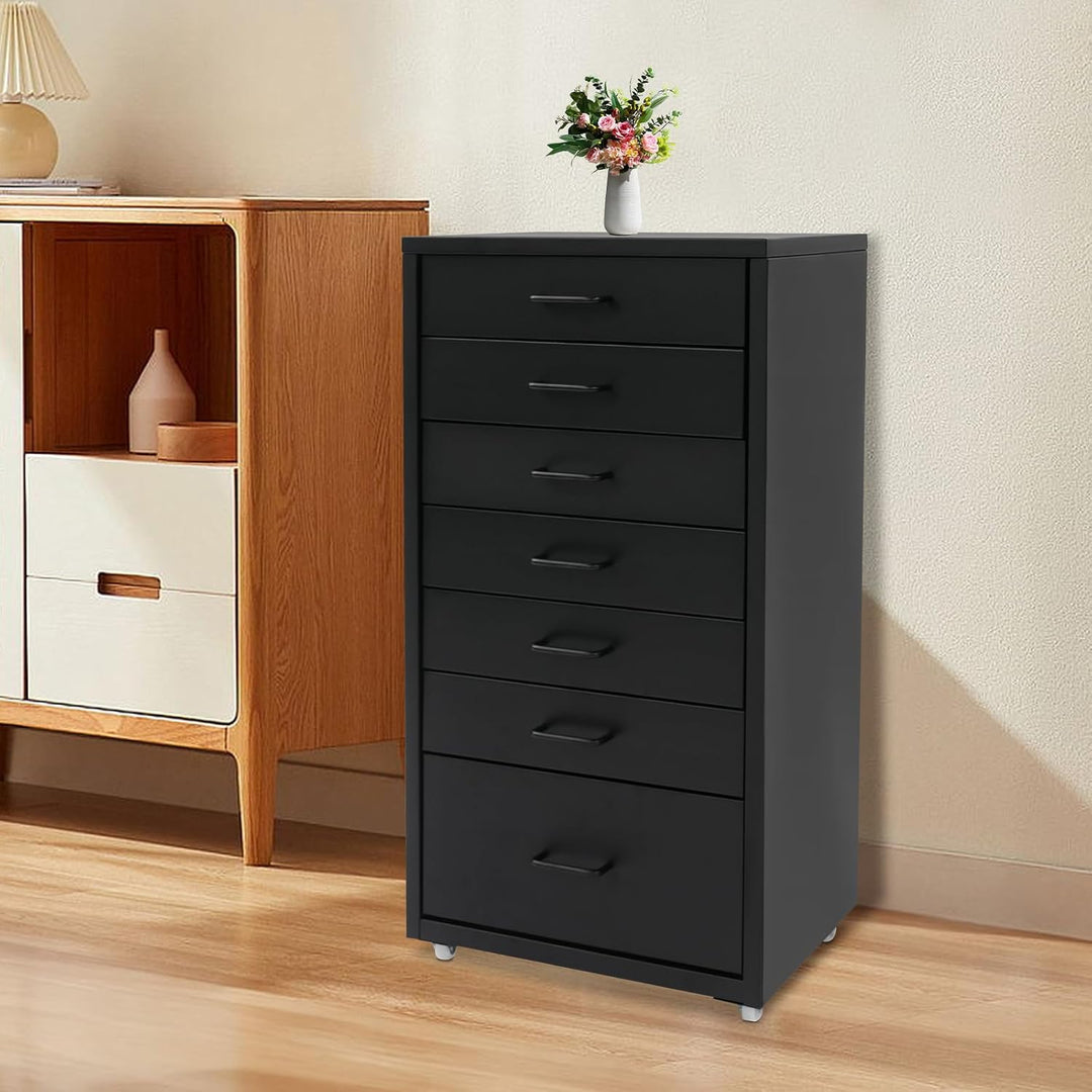 Rollcontainer Metall 7 Schubladen Aktenschrank Schwarz, Schwarz