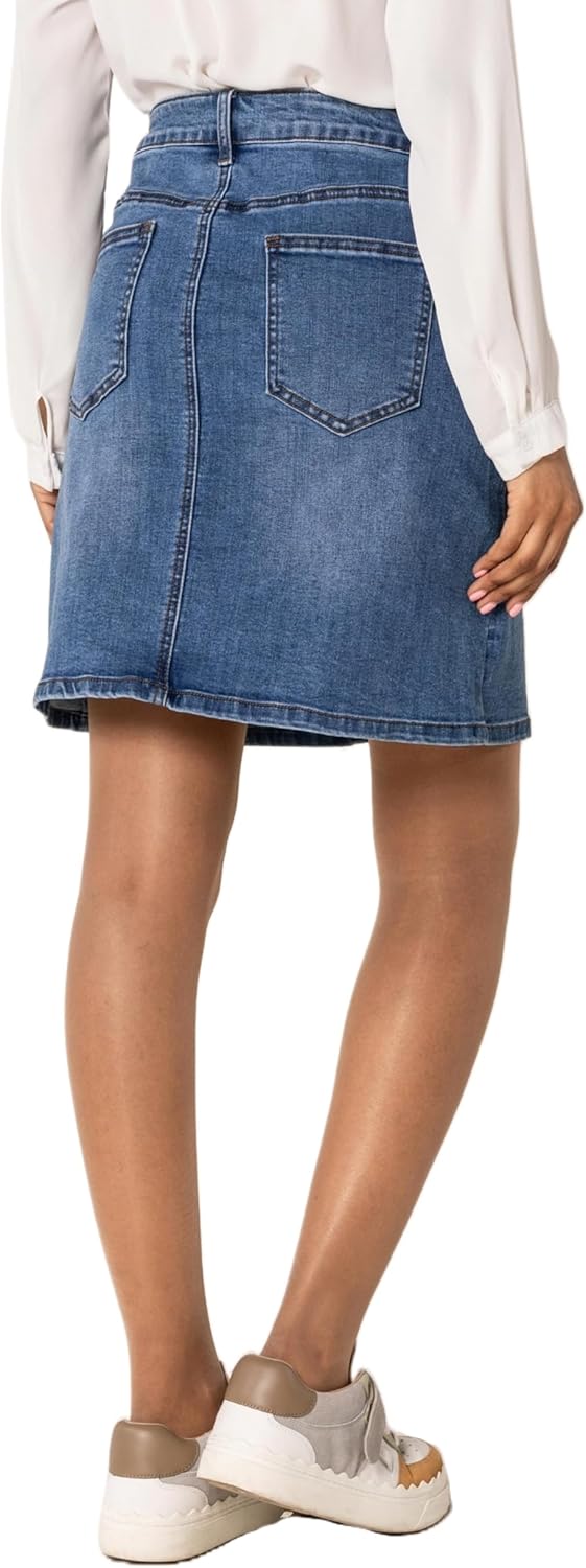 Nina Carter P213 Damen Kurzer Jeansrock mit Vorderem Schlitz Reissverschluss Stretch Used-Look Blau