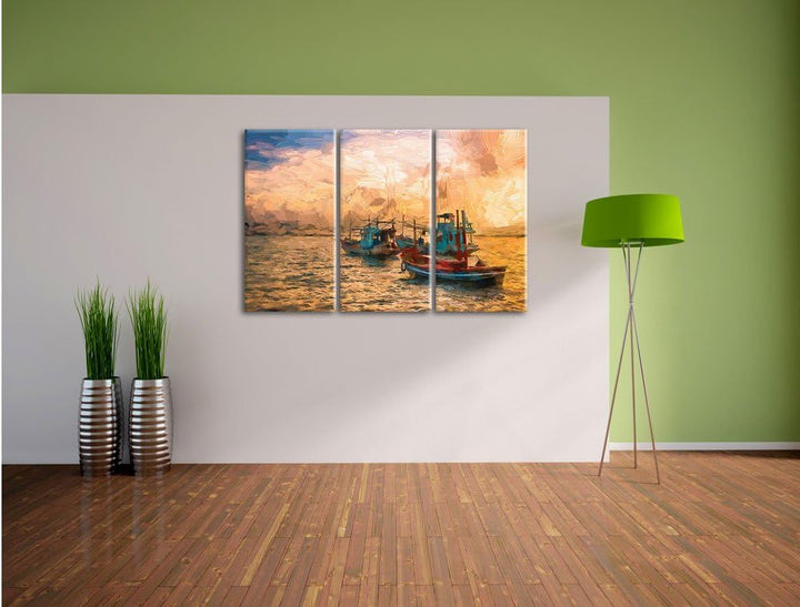Pixxprint thailändische Fischerboote im Meer als Leinwandbild/Grösse: 3 Teilig (120x80 cm) cm/Wandbi