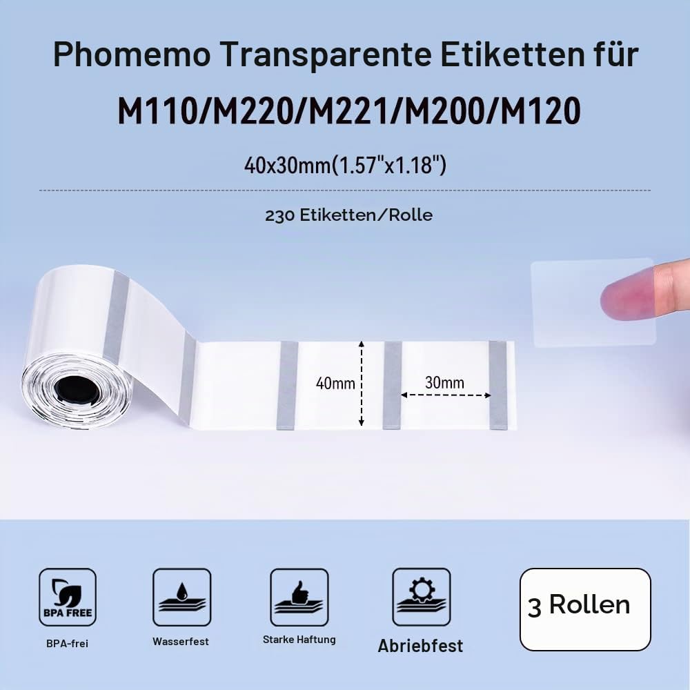 Phomemo M110/M220/M221/M200/M120/M100/M108/M150/M250/M260 Transparente Selbstklebeetiketten für Phom