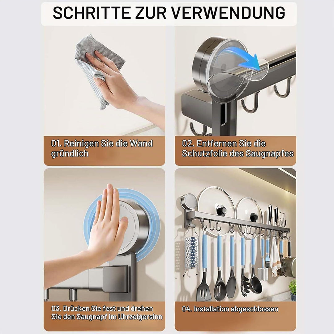 Hakenleiste Küche Ohne Bohren mit Saugnapf,Selbstklebende Hakenleiste mit 8 Abnehmbaren Haken, 40 cm