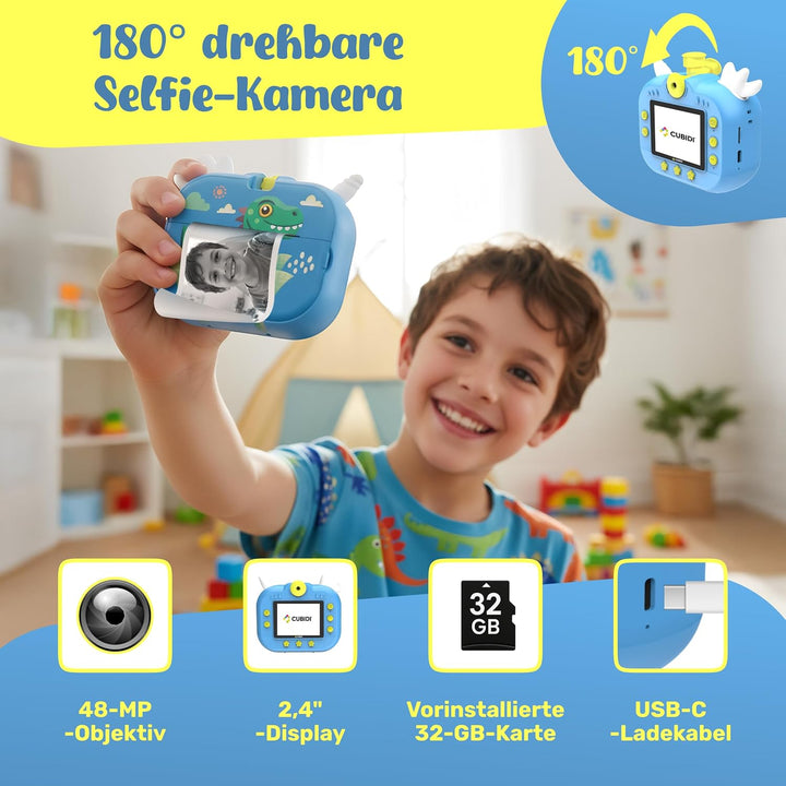 CUBIDI® - Kinder Kamera Sofortbildkamera - Digitalkamera Kinder mit Druckpapier & 32GB Karte Jungen