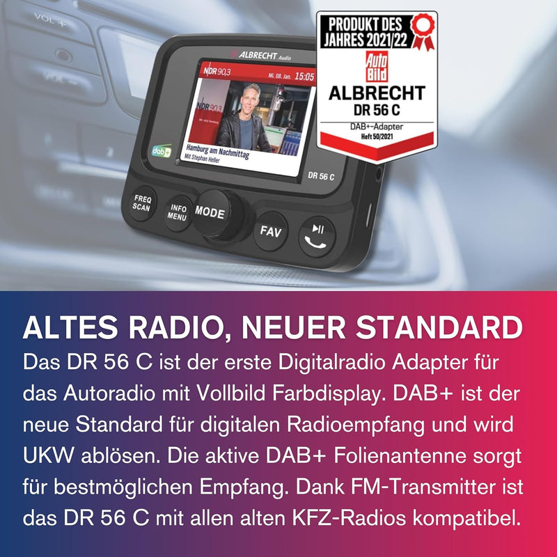 Albrecht DR56 C Digitalradio-Tuner mit Farbdisplay, 27156, zum Aufrüsten für Autoradios, FM-Transmit