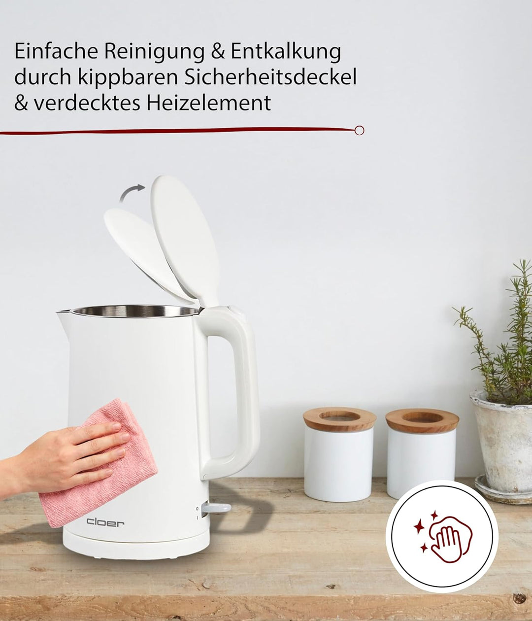Cloer 4321 Wasserkocher 1,5l mit Kontrolllampe, Sicherheitsdeckel und automatischer Abschaltung, Was