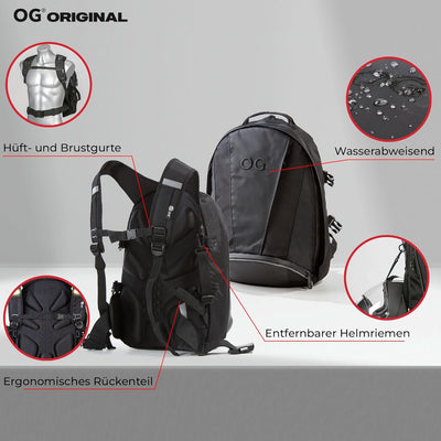 OG Original EZ-RiderPRO Motorrad Rucksack Schwarz Erweiterbar 28-35L, Motorradhelm-Tasche, Helm-Trag