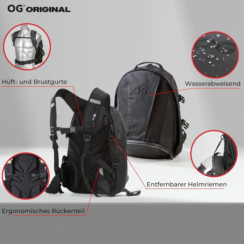 OG Original EZ-RiderPRO Motorrad Rucksack Schwarz Erweiterbar 28-35L, Motorradhelm-Tasche, Helm-Trag