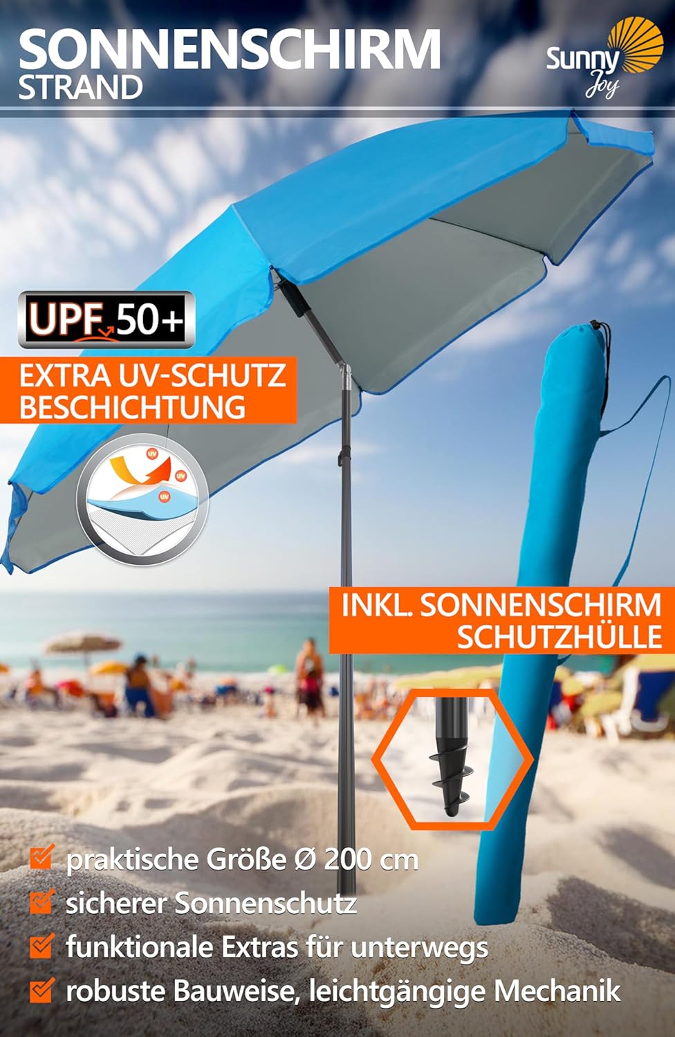 4smile Sonnenschirm Strand SunnyJoy, Blau - UPF 50+ Strandschirm Ø 200 cm, sicherer Sonnenschutz Str