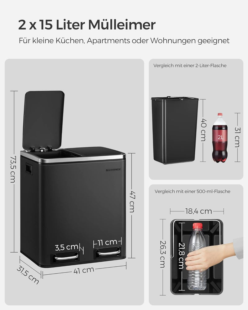 SONGMICS Mülleimer Küche, 2 x 15 L, Mülltrennsystem, Abfalleimer aus Metall, Treteimer mit Inneneime