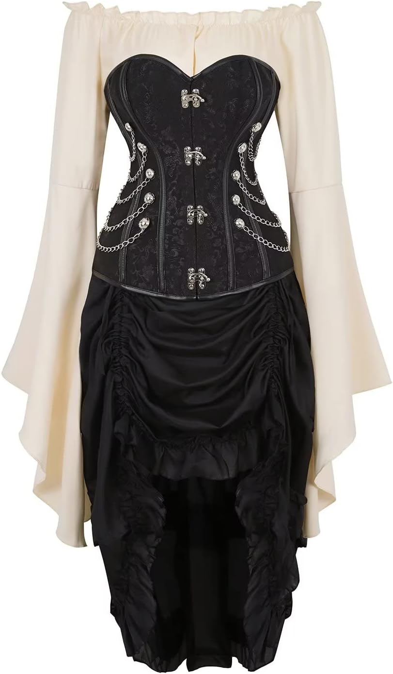 Jutrisujo Steampunk Korsett Corsage Kleid Leder Bustier corsagenkleid Spitze Kostüm Burlesque Damen