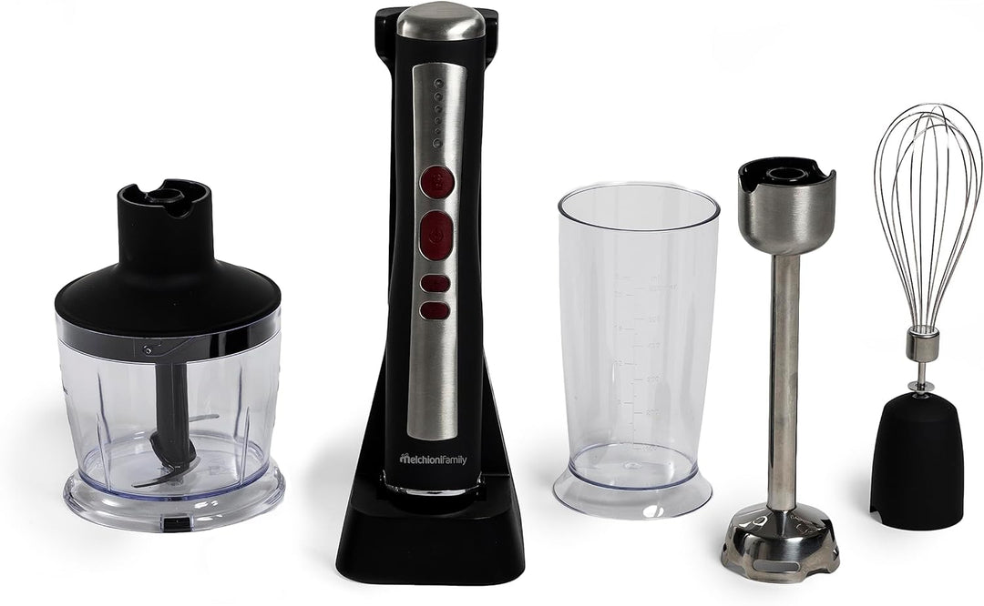 Melchioni Family | Wiederaufladbarer kabelloser Stabmixer Set mit Schneebesen, Zerkleinerer, Mixer u