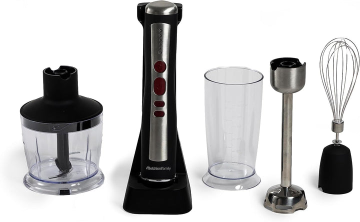 Melchioni Family | Wiederaufladbarer kabelloser Stabmixer Set mit Schneebesen, Zerkleinerer, Mixer u