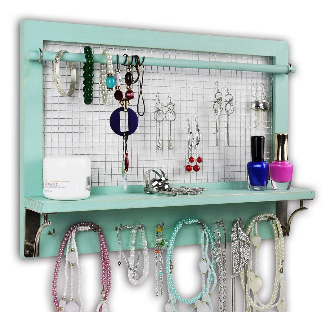 Spiretro Wandhalterung Schmuckaufbewahrung, Holz Schmuck Organizer Halter mit Haken Regal Stange Hän
