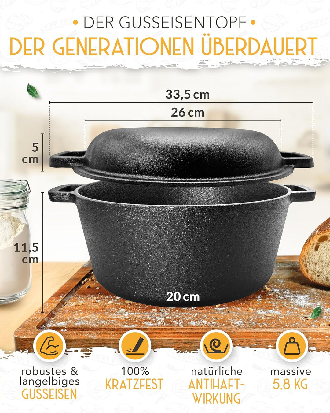 KRUSTENZAUBER Gusseisen Topf Brot Backen im XXL Set - Brotbackform mit Deckel inkl. Gärkorb, Schneeb