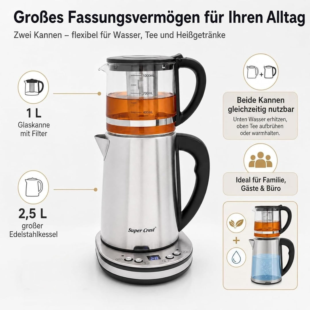Wasserkocher Set 2,5L+1L, 1500W, Glas-Doppelkocher mit LCD Display, Warmhaltefunktion 70-85°C, Edels