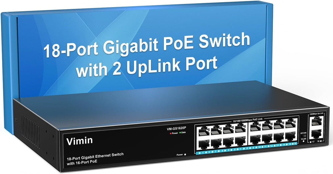 VIMIN 16-Port Gigabit PoE Switch mit 2 Uplink Gigabit Ports, 18-Port Unmanaged Ethernet PoE Switch m