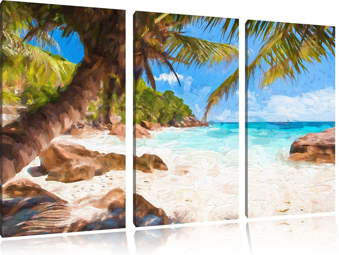 Pixxprint Palmenstrand Seychellen Kunst / 3-Teilig/Gesamtmass 120cm Leinwandbild bespannt auf Holzra