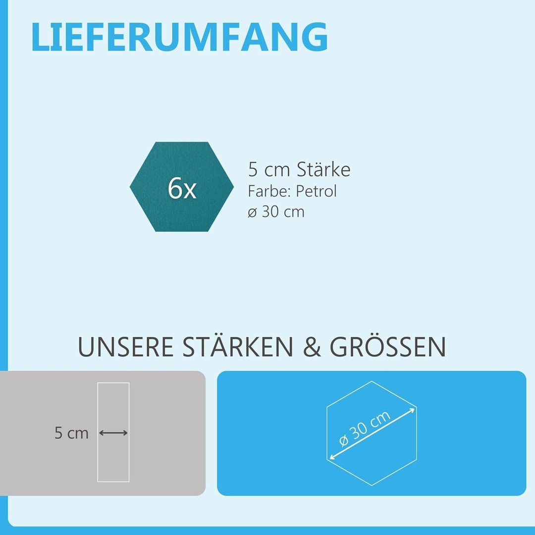 platino24 Schallabsorber Set Colore aus Basotect G+ mit Akustikfilz, 6 Absorberelemente Hexagon je Ø