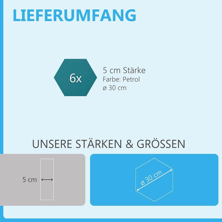 platino24 Schallabsorber Set Colore aus Basotect G+ mit Akustikfilz, 6 Absorberelemente Hexagon je Ø