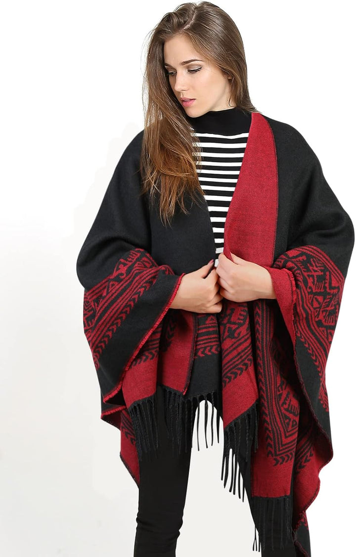 Superora Damen Poncho Cape Umhängetuch Stola Strick-Pullover Karierte Deckenschal Sweatshirt Schal m