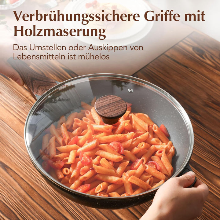 SENSARTE Antihaft Pfanne 28cm, Tiefe Wokpfanne mit Deckel, Schweizer Granitbeschichtung Kochpfanne G