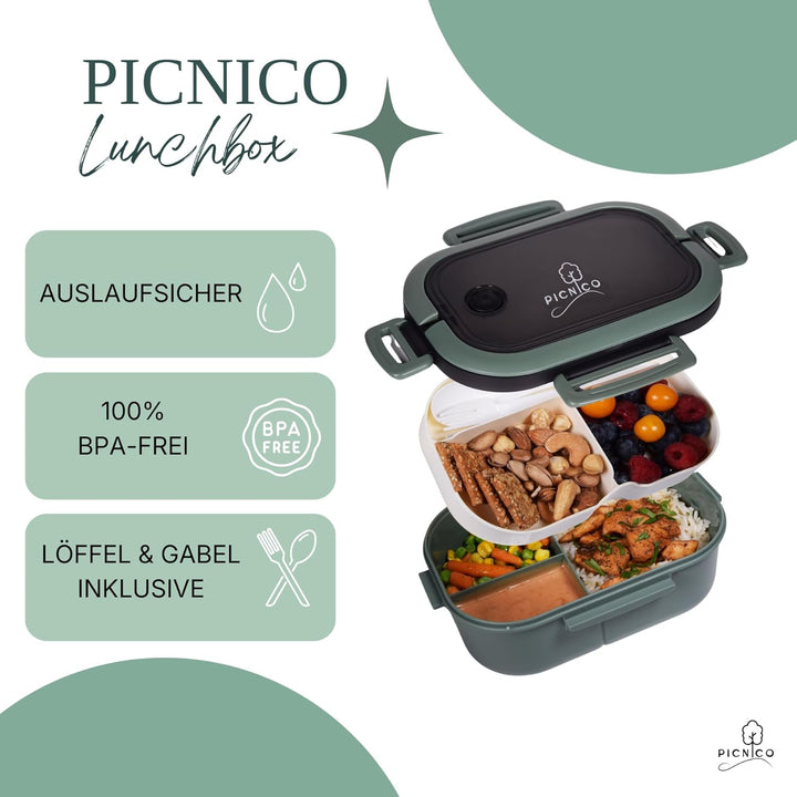 Premium Lunchbox für Kinder 1200ml mit 2 Etagen & 6 Fächern Grün (BPA-frei) - Brotdose & Snackbox mi
