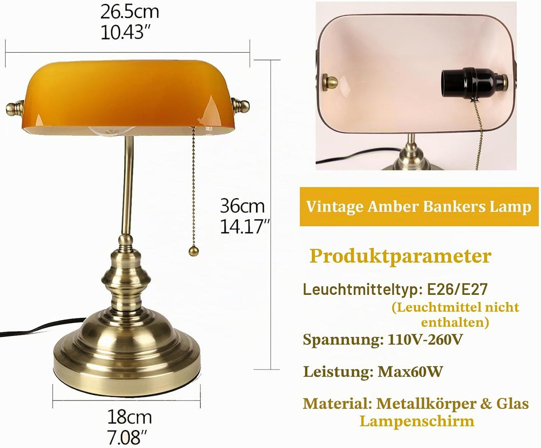 FIRVRE Amber Glas Banker Schreibtischlampe Vintage Classic American Tischleuchte Bronze Finish Basis