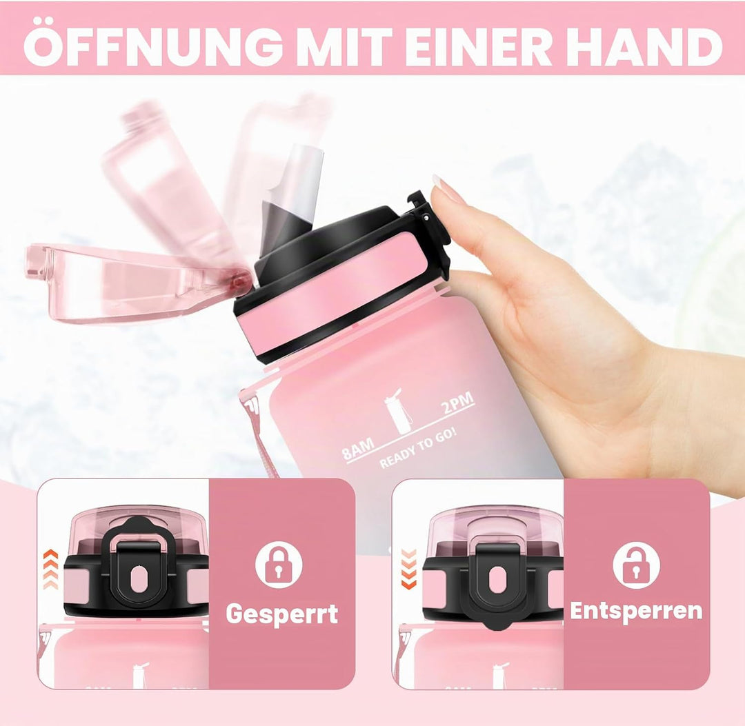 Trinkflasche 1L, BPA-frei, Wasserflasche mit Strohhalm &amp; Zeitmarkierung, Sportflasche für Gym, Campi