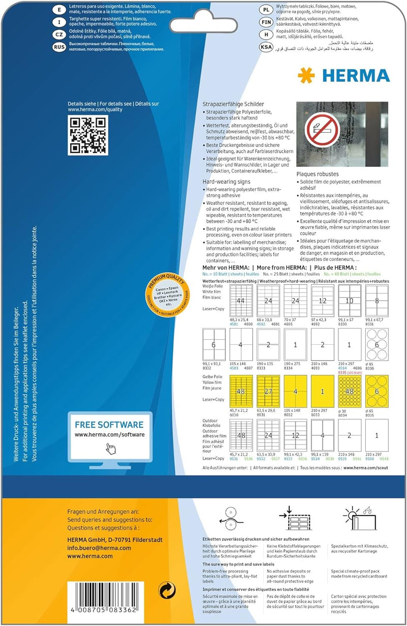 HERMA 8336 Wetterfeste Folienetiketten rund, 25 Blatt, Ø 85 mm, 6 Stück pro A4 Bogen, 150 Aufkleber,