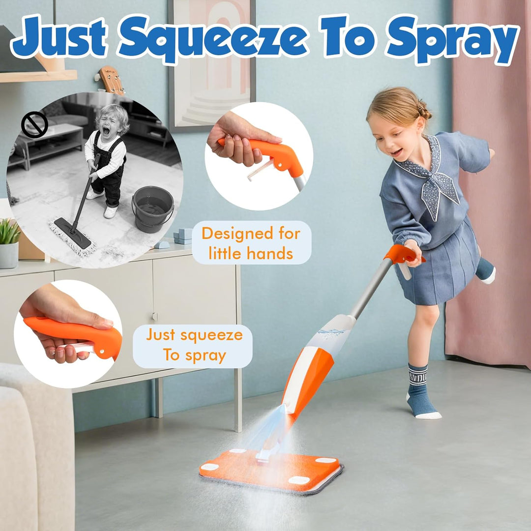Wdmiya Kinder Sprühmopp mit Sprühfunktion, Kinderspielwischer mit Echtem Wassersprüher & 3 Waschbare