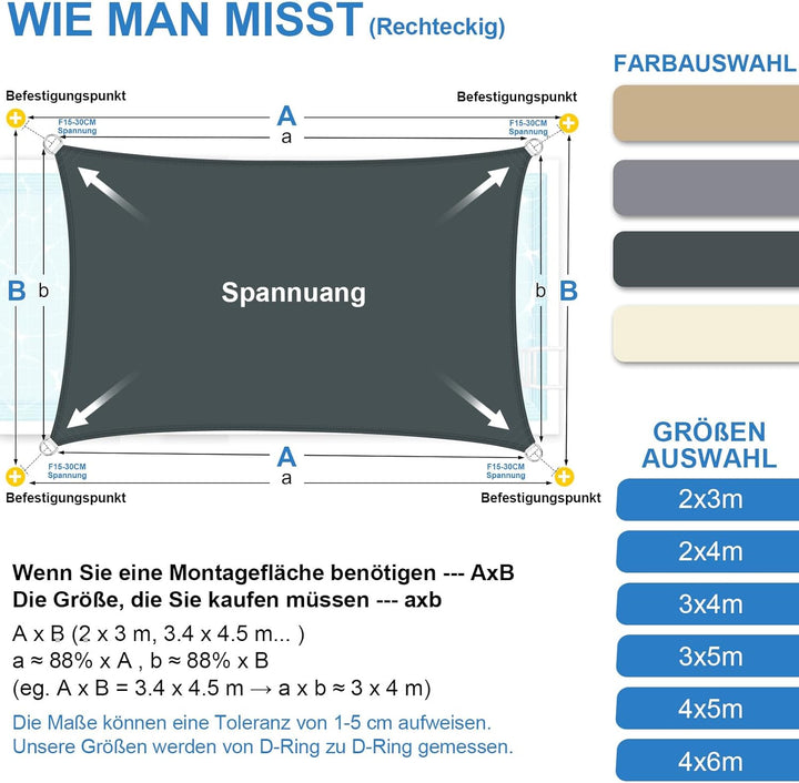 2x4m Sonnensegel Rechteckig Wasserdicht Sonnenschutz, Anthrazit | 95% UV Schutz, Regenschutz, Sunseg