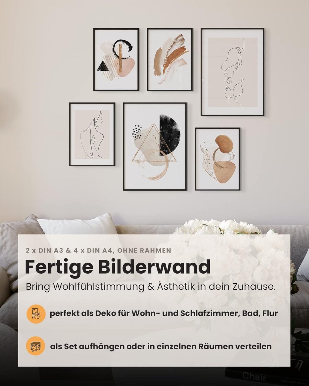 MUUDLY® Poster Set Abstrakt Line Art Beige – 6 moderne Wandbilder (2×A3, 4×A4) – Stilvolle Bilder fü