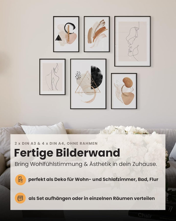 MUUDLY® Poster Set Abstrakt Line Art Beige – 6 moderne Wandbilder (2×A3, 4×A4) – Stilvolle Bilder fü