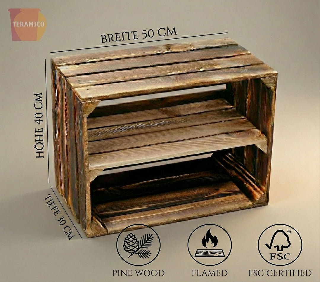 Teramico Holzkisten Obstkisten Weinkisten geflammt dunkel 50 x 40 x 30cm in tollen Set-Angeboten als