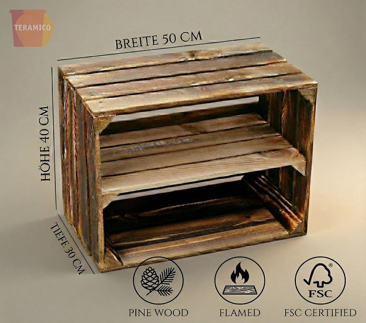 Teramico Holzkisten Obstkisten Weinkisten geflammt dunkel 50 x 40 x 30cm in tollen Set-Angeboten als