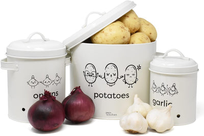 Joejis 3er Set Kartoffel Zwiebel Knoblauch Aufbewahrungsbox -Grosser Vorratsbehälter aus Metall - St