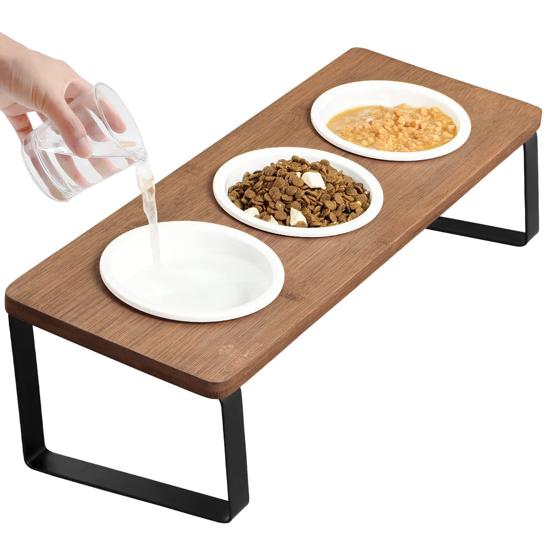 GUUSII HOME Katzennapf Erhöht Futternapf Katze Futterstation, Keramik Napf, Fressnapf 3er Set Holz,