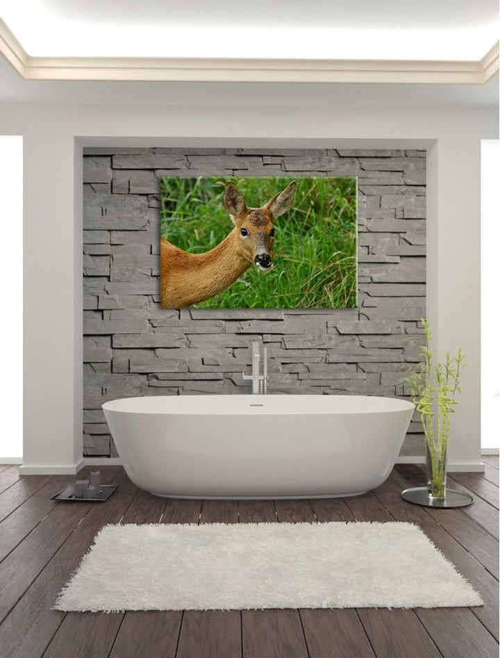Reh beim Fressen, Format: 100x70 auf Leinwand, XXL riesige Bilder fertig gerahmt mit Keilrahmen, Kun
