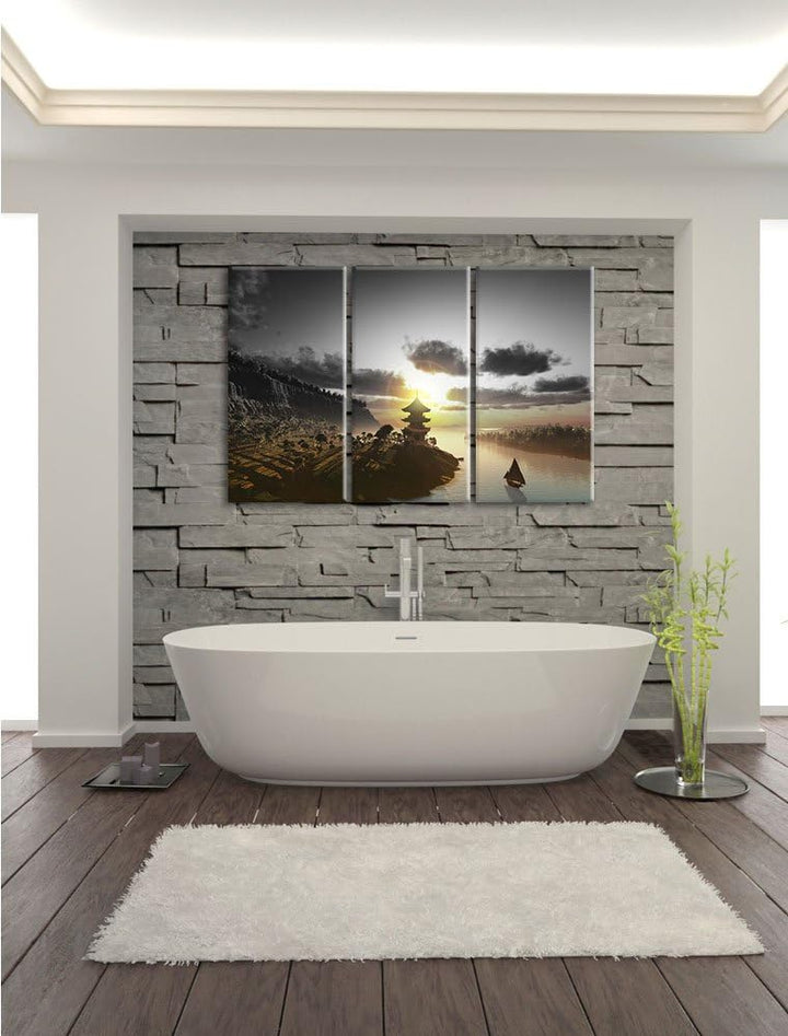 Pixxprint Chinesisches Haus am See / 3-Teilig/Gesamtmass 120cm Leinwandbild bespannt auf Holzrahmen/