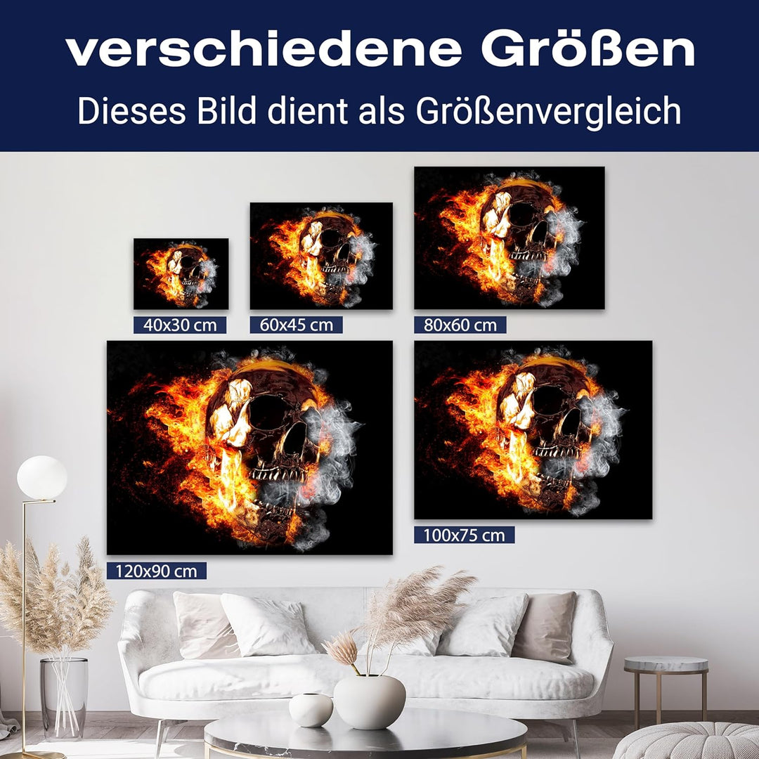 wandmotiv24 Leinwand-Bilder Totenköpfe, Grösse 60x45cm, Querformat, Totenkopf in Feuer & Flamme, Rau