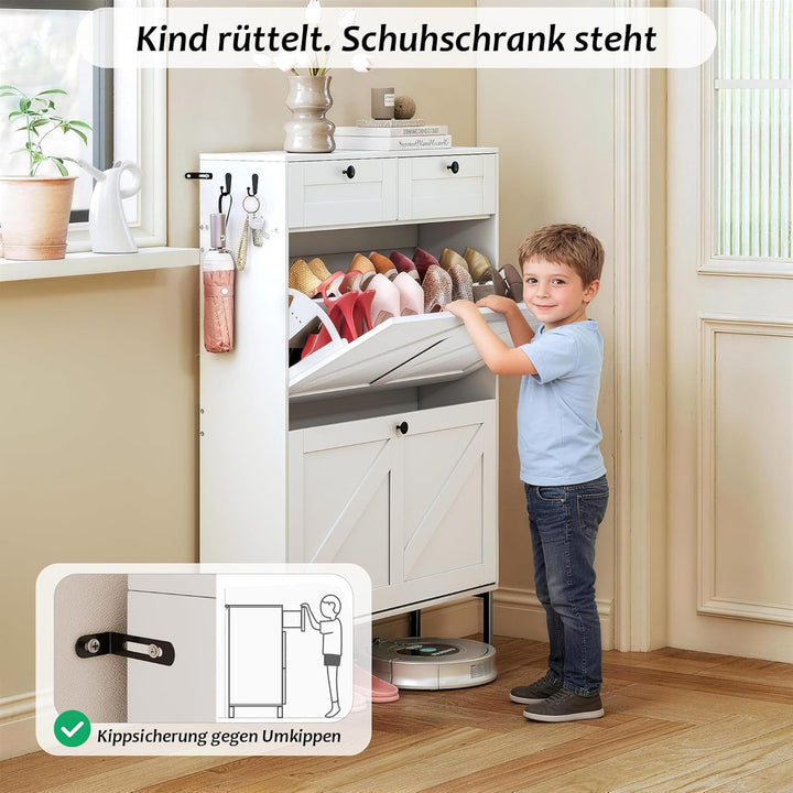 4 Ebenen Schuhschrank mit 2 Klappen und 2 Schubladen, Schmaler Schrank mit anpassbarem Fach und Umki