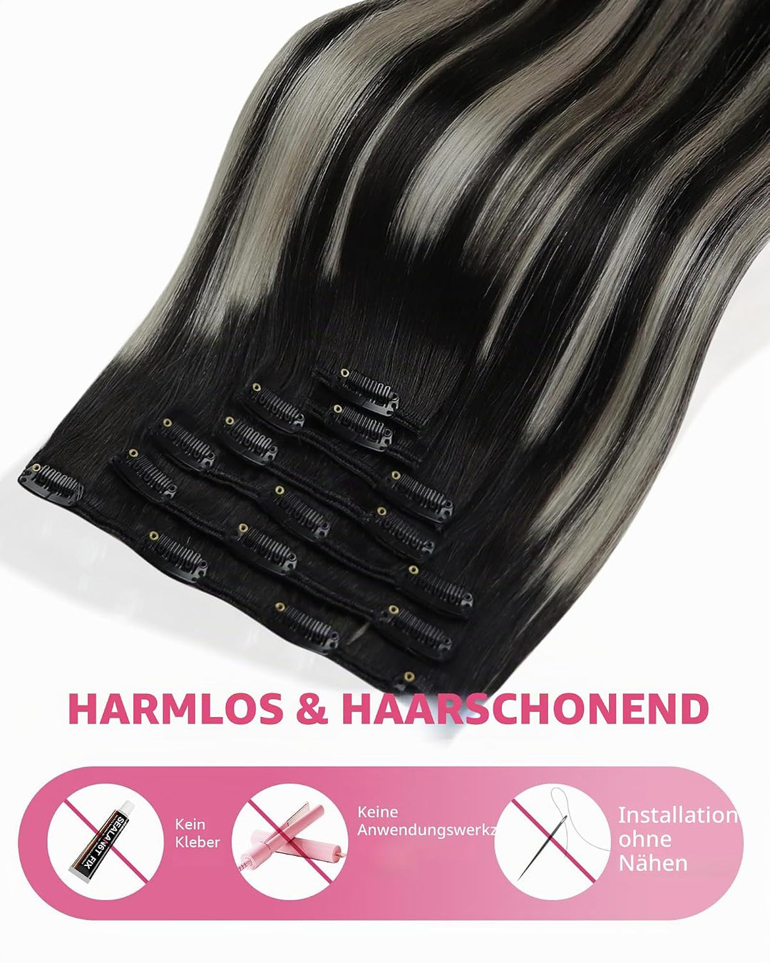 YoungSee Echthaar Extensions Clip Ombre Schwarz 7 Stück 30cm Clip in Extensions Echthaar Schwarz Bal