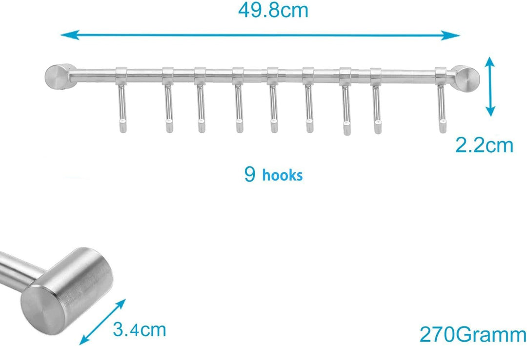 INTIRILIFE Hängeleiste für die Küche aus Edelstahl mit 9 beweglichen Haken zum Bohren - 49.8 x 3.4 x