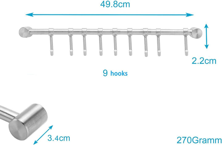 INTIRILIFE Hängeleiste für die Küche aus Edelstahl mit 9 beweglichen Haken zum Bohren - 49.8 x 3.4 x