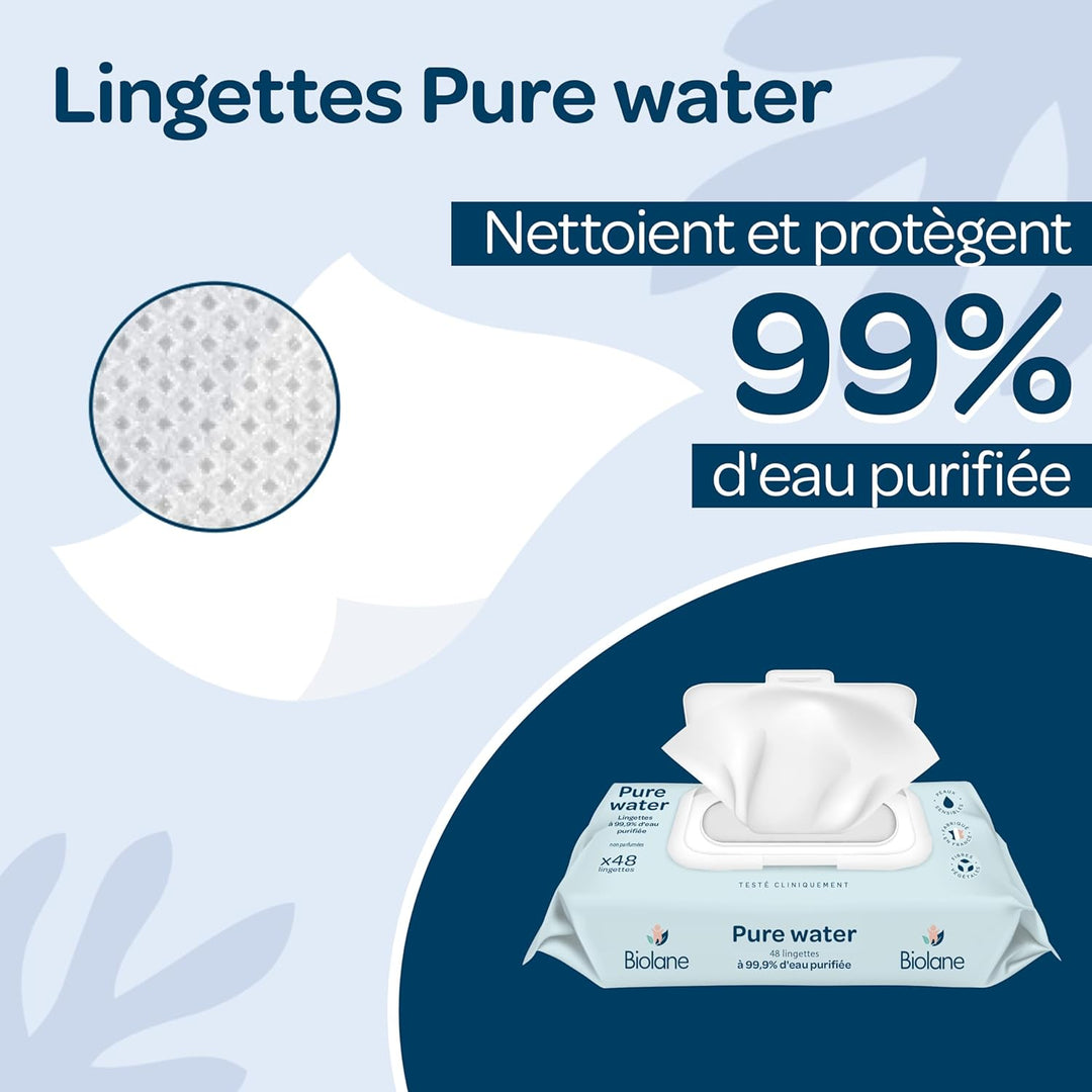 BIOLANE - Baby-Feuchttücher mit 99,9% Wasser - Pure Water - Packung mit 12 x 48 (576 Feuchttücher) -