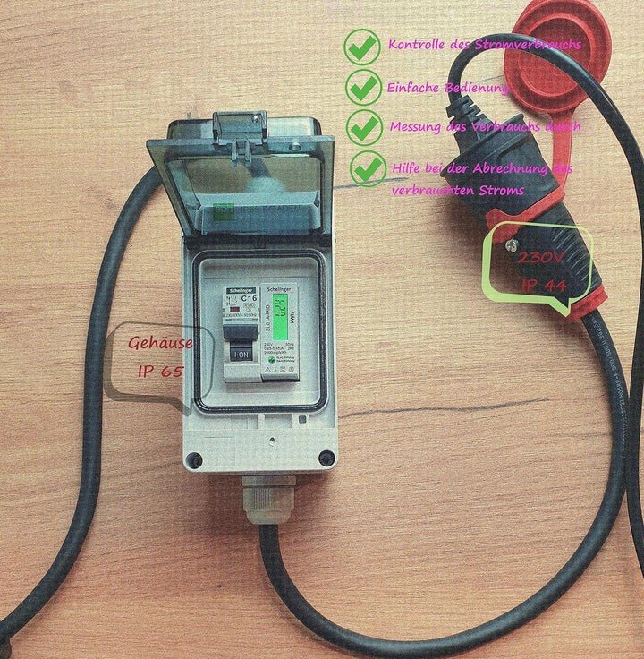 RoadEu - Schuko Adapter Komplett mit Zähler - Stecker 230V 16A auf Schuko Kupplung 230V - 3x2 5mm2 K