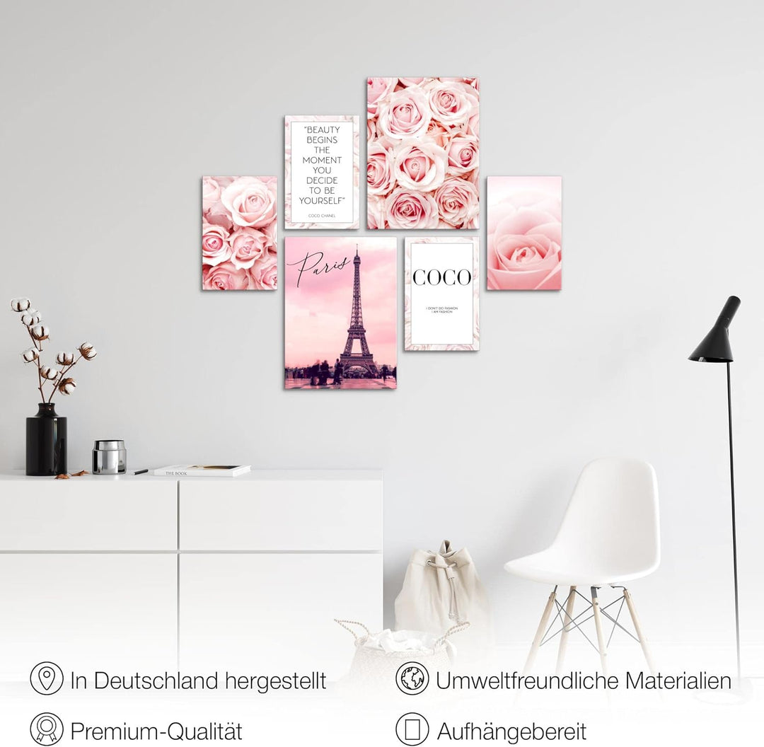 Novart Wandbilder Set Fashion Coco Beauty Rosa Zitate - KEIN EXTRA RAHMEN BENÖTIGT - Modern Deko - M