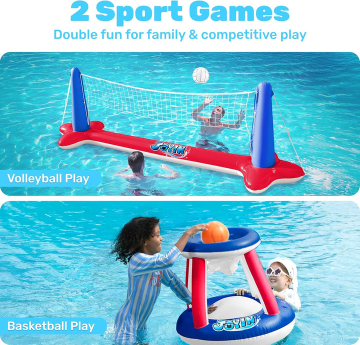 JOYIN Aufblasbare Pool Float Set, Volleyballnetz & Basketballkörbe & Bälle für Kinder und Erwachsene