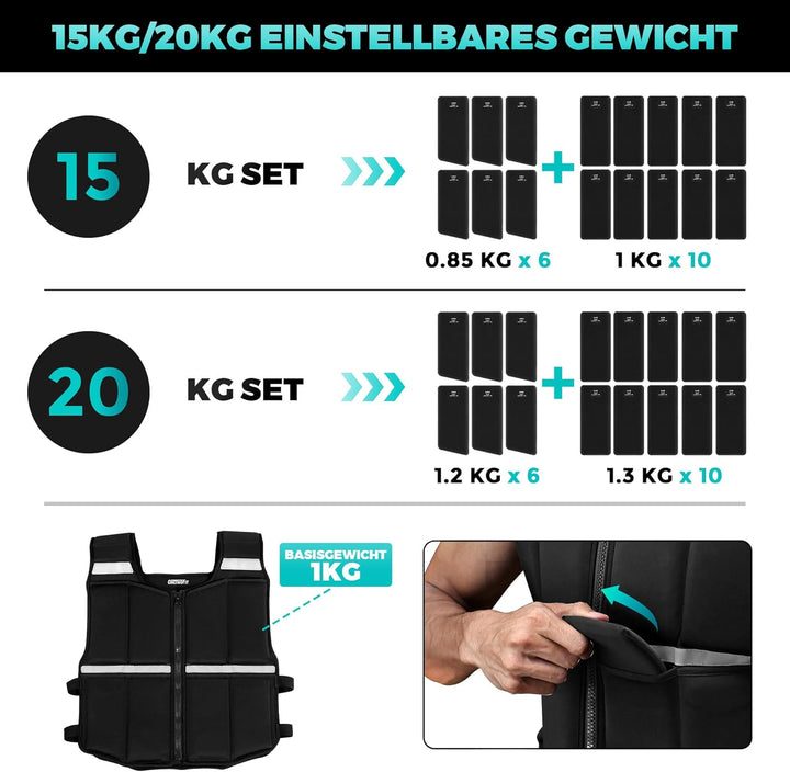 ONETWOFIT Verstellbare Gewichtsweste für Herren 20KG, Weighted Vest zum Wandern mit Reissverschluss/
