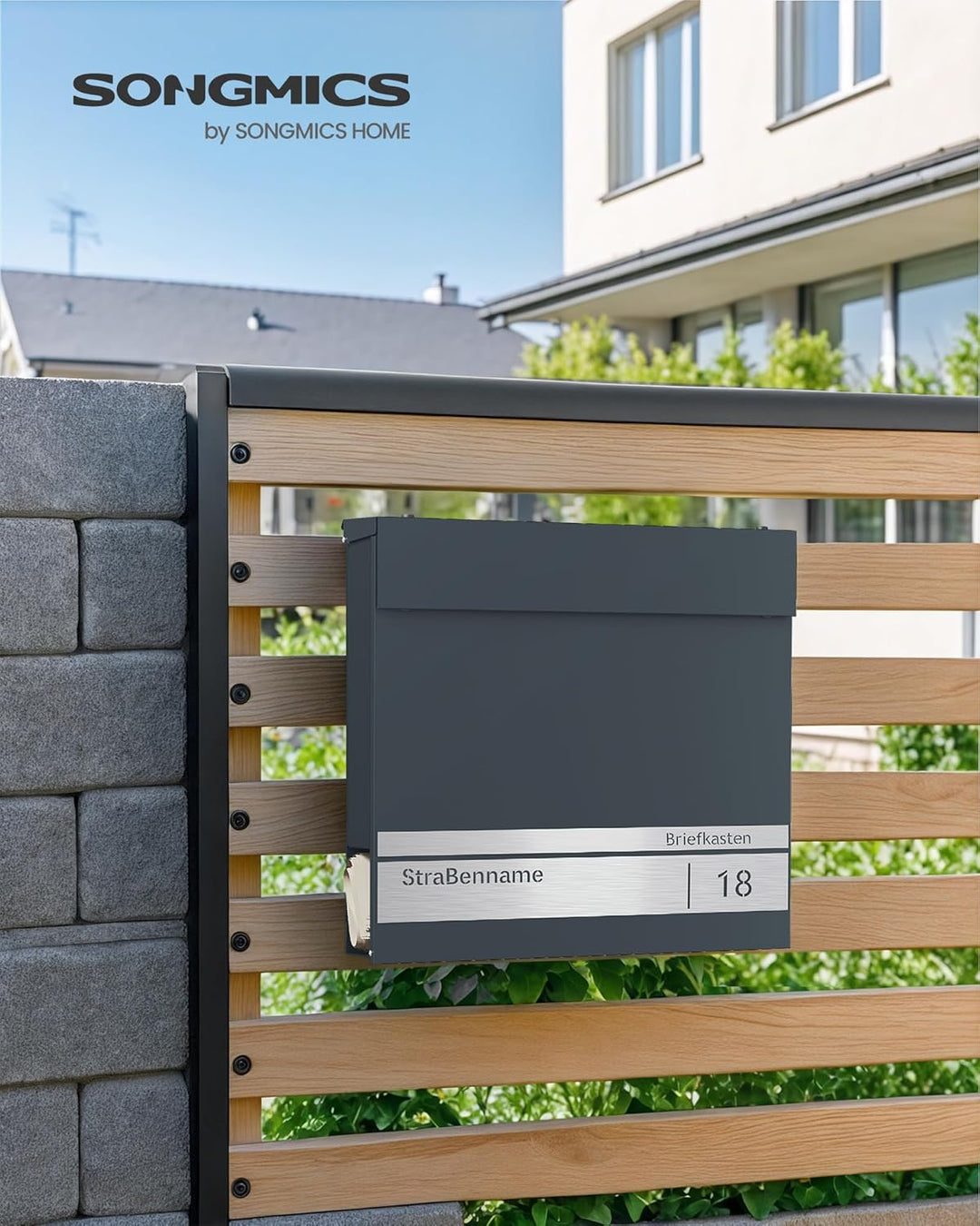 SONGMICS Briefkasten personalisiert, lasergraviertes Namensschild und Hausnummernschild, Postkasten,